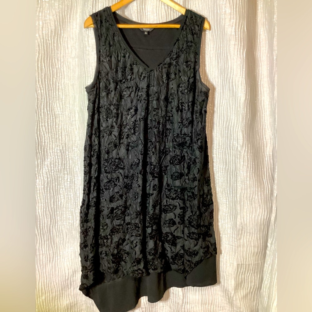 Black velvet cocktail dress with asymmetrical hemline